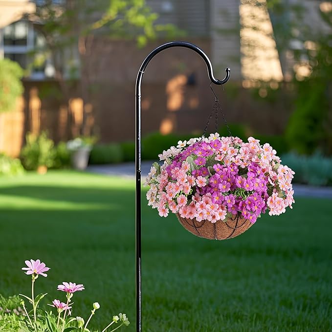 Artificial Flower in Hanging Basket Outdoor Indoor Decoration,Coconut Lining Flowerpot with Faux Plant,Daisy with Eucalyptus Leaves Arrangement for Home Spring Summer Decor(Pink White Purple)