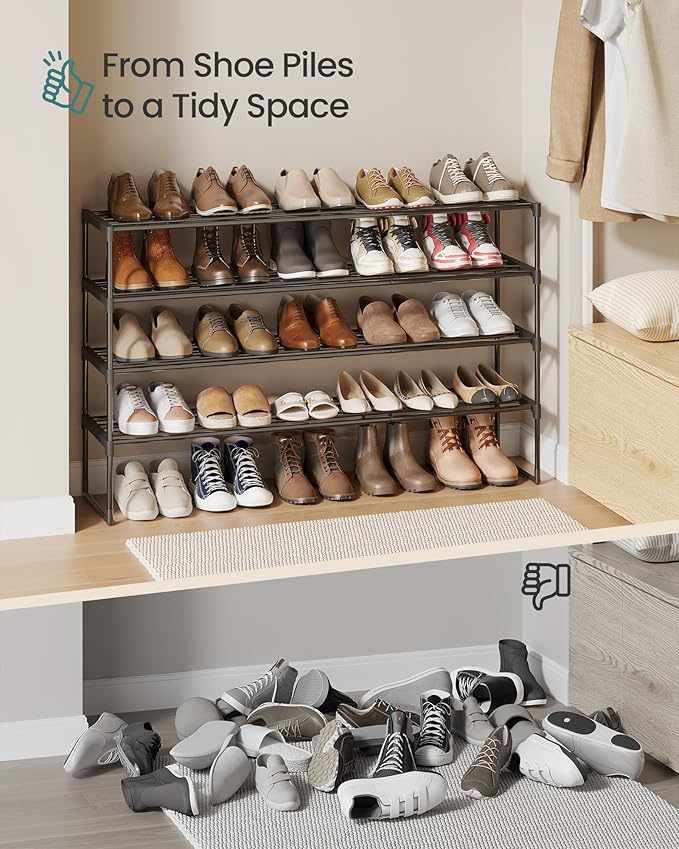 SONGMICS Shoe Rack, 4-Tier Shoe Organizer, Metal Storage Shelf, Upright or Upside Down, for 25-30 Pairs, Stackable, for Entryway, 11.8 x 46.1 x 28.4 Inches, Black ULSA034B01