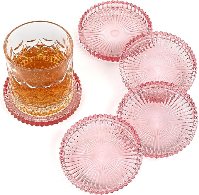 Modern Clear Coaster Set of 5- Glass Coasters for Drinks Crystal Coasters Round Cup Coaster Coffee Table Decor for Office, Kitchen, Bar, Dining Room, Living Room, Patio(Clear Pink)
