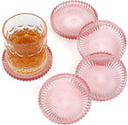 Modern Clear Coaster Set of 5- Glass Coasters for Drinks Crystal Coasters Round Cup Coaster Coffee Table Decor for Office, Kitchen, Bar, Dining Room, Living Room, Patio(Clear Pink)