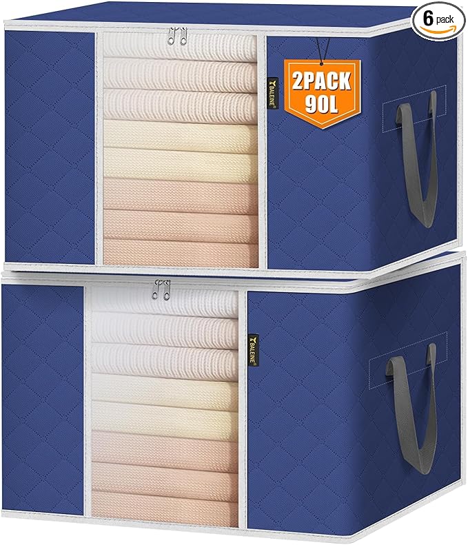 BALEINE 2 Pack Clothes Storage Bags, 24 Gallon Storage Containers with Reinforced Handle, Sturdy Zipper, Closet Organizer for Blanket, Comforter, Pillow, Bedding (Blue, 2 Pack)
