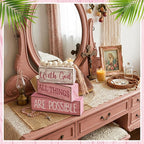Yuntau 4 Pcs Farmhouse Tabletop Decor Wooden Rustic Inspirational Bible Verse Quotes with God All Things are Possible Decorative Pink Coquette Tiered Tray Decor Christian Gift for Women Home Shelf