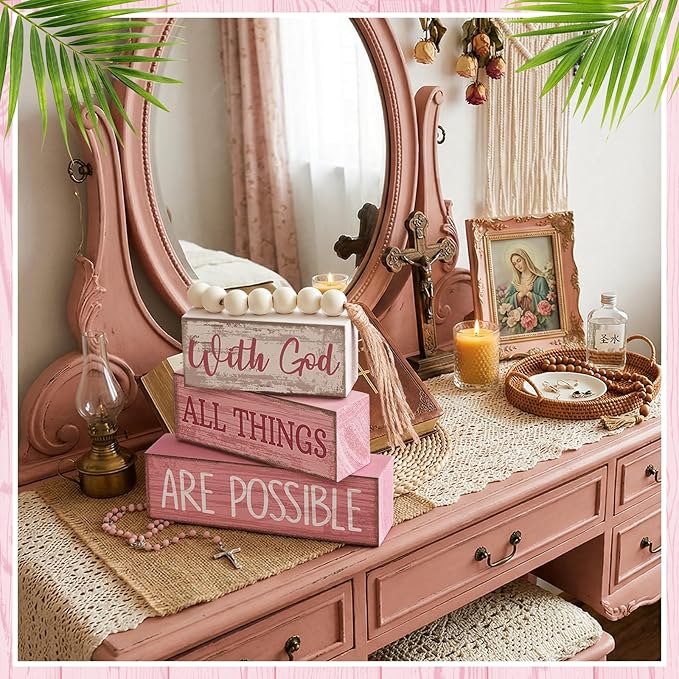 Yuntau 4 Pcs Farmhouse Tabletop Decor Wooden Rustic Inspirational Bible Verse Quotes with God All Things are Possible Decorative Pink Coquette Tiered Tray Decor Christian Gift for Women Home Shelf