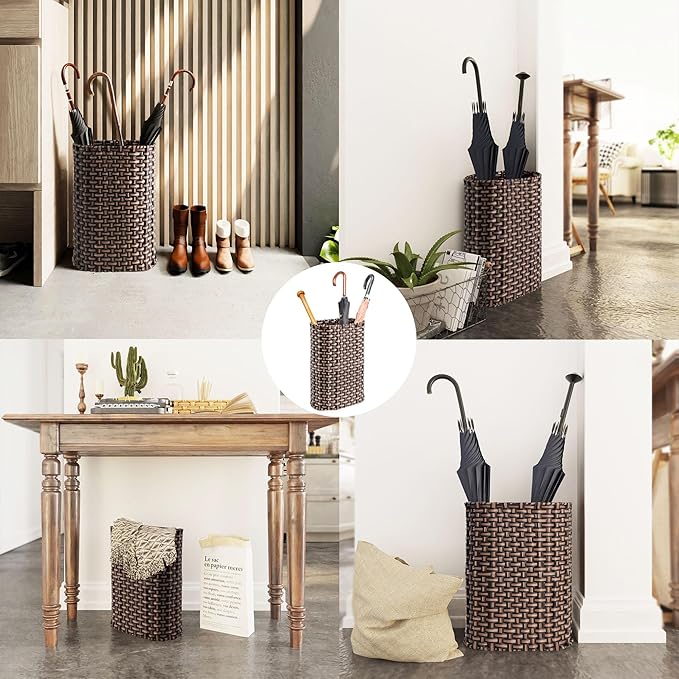 PEMAR Wicker Umbrella Holder Indoor Outdoor, Decorative Hand Woven Umbrella Stand Rack for Home, Entryway Rustic Farmhouse Multipurpose Narrow Tall Basket (Brown)