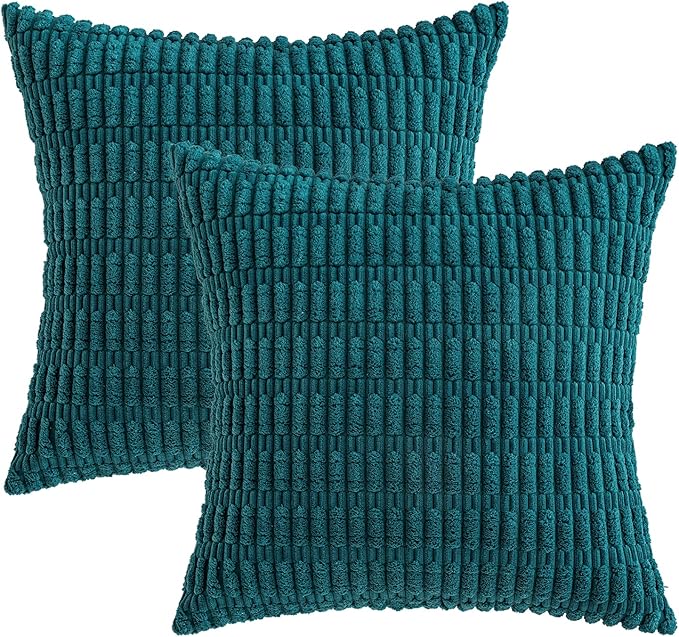 MIULEE Pack of 2 Corduroy Decorative Throw Pillow Covers 20x20 Inch Soft Boho Striped Pillow Covers Modern Farmhouse Home Decor for Summer Coastal Sofa Living Room Couch Bed Teal