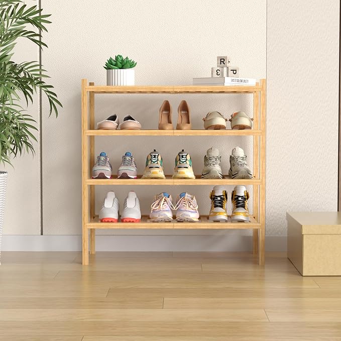 4 Tier (Thick) Bamboo Shoe Rack for Closet Free Standing Wood Shoe Shelf for Entryway Small Space Stackable 27"x12"x28" (Natural)