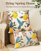 Embroidered Lumbar Pillow Cover 20x12 Inch - Spring Summer Boho Decorative Pillow Cover with Zipper for Living Room Couch Sofa Bed Aesthetic Design Bird Lemon Cushion Pillowcase