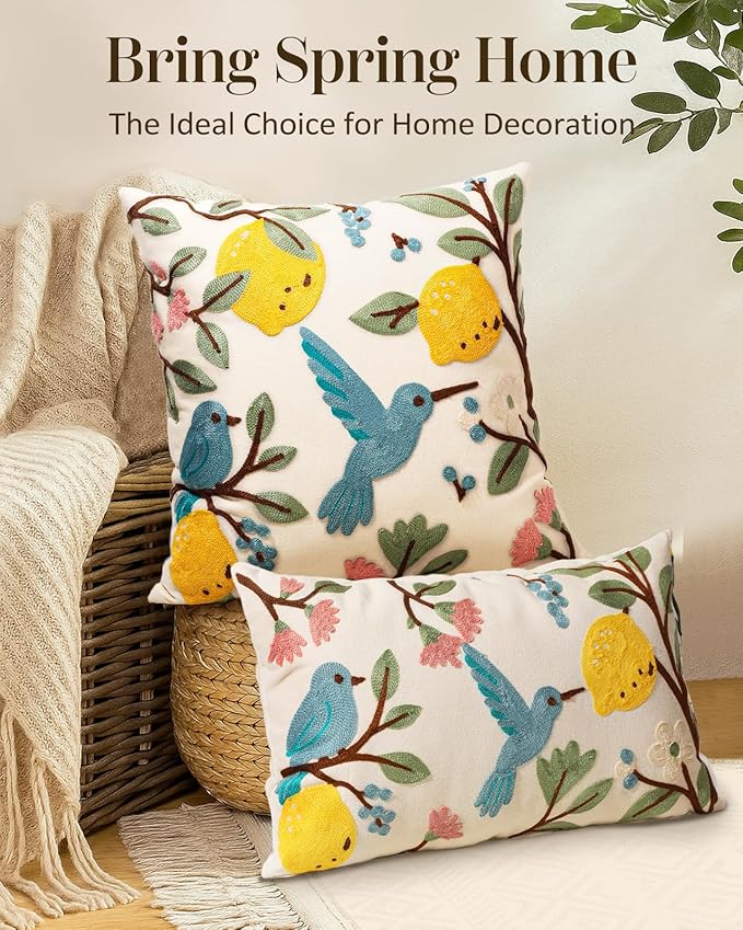 Embroidered Throw Pillow Cover 20x20 Inch - Spring Summer Boho Decorative Pillow Cover with Zipper for Living Room Couch Sofa Bed Aesthetic Design Bird Lemon Cushion Pillowcase