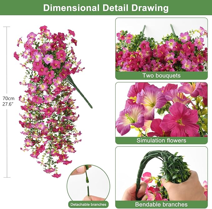 Artificial Fake Hanging Flowers Plants for Outdoor Spring Decoration,2 PCS Faux Silk Morning Glory with Eucalyptus Leaves,UV Resistant Realistic Trailing Vines for Balcony Porch Patio Yard Garden