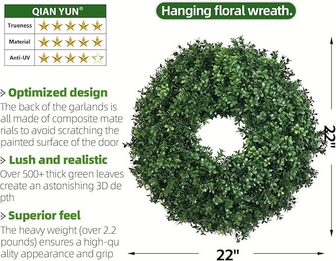 24 Inch Artificial Boxwood Wreath for Front Door – Lush Green Leaf Wreath for All Seasons, Faux Boxwood Door Decor for Farmhouse, Porch, Wall, and Indoor Outdoor Home Decoration (1, 24 Inch)