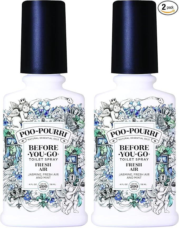 Poo-Pourri Before-You-Go Toilet Spray,Fresh Air,4 Fl Oz,Up to 200 Uses,Bathroom Odor Deodorizer,Plant-Based with Essential Oils,for Home or Work,Jasmine,Fresh Air and Mint Scent,(Pack of 2)
