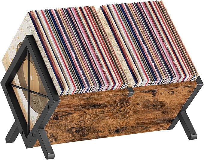 YATINEY Vinyl Record Holder, Record Storage Rack Holds 80-100 LP，Wooden and Metal Record Organizer, Quick Assembly Magazine Holder for CDs, Magazine, Albums, Rustic Brown and Black CJ06BR
