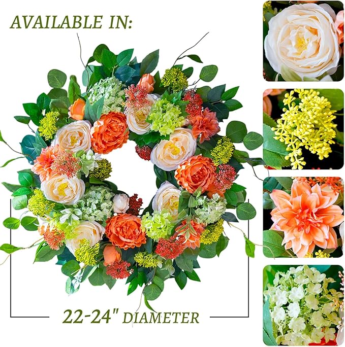Spring Wreaths for Front Door Outside 24 Inch Luxury Summer Wreath with White Rose Flowers,Pink Dahlia & Green Hydrangeas,Lush Greenery Spring Front Door Wreath for Home,Wall,Porch Decor