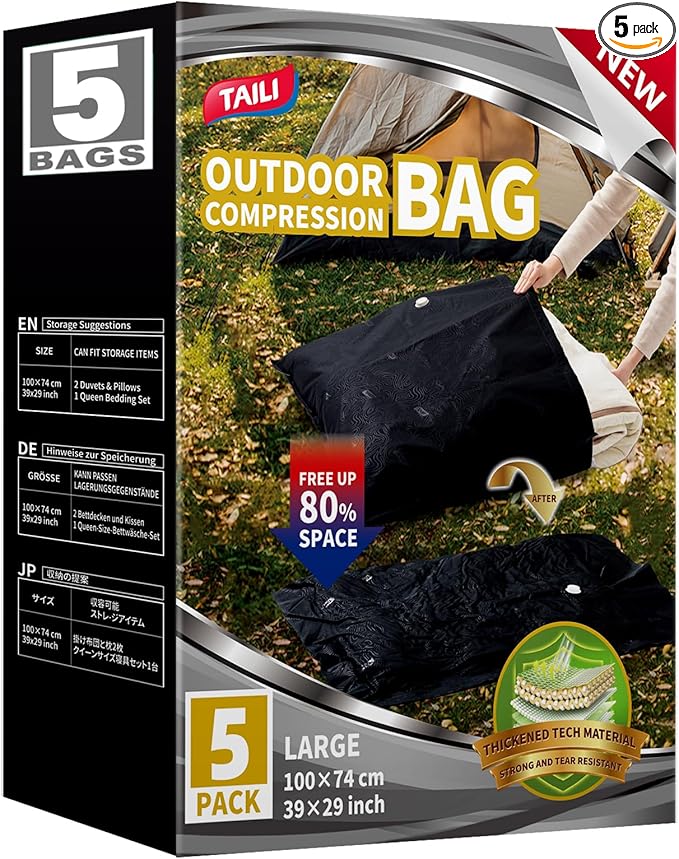 TAILI 5 Pack Outdoor Vacuum Storage Bags, Travel Compression Bags (39x29 inch), Tear-Proof Vacuum Seal for Camping, Cushion, Clothing, Waterproof, Wearproof, Punctureproof
