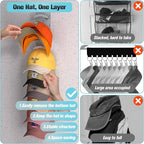 Hat Organizer for Baseball Caps, Hat Rack for Wall with Strong Adhesive Hold up to 10 Hats, Hat Hanger Holder Display for Door Closet, Cap Organizer Storage Multilayer Two Mounting Option(Grey)