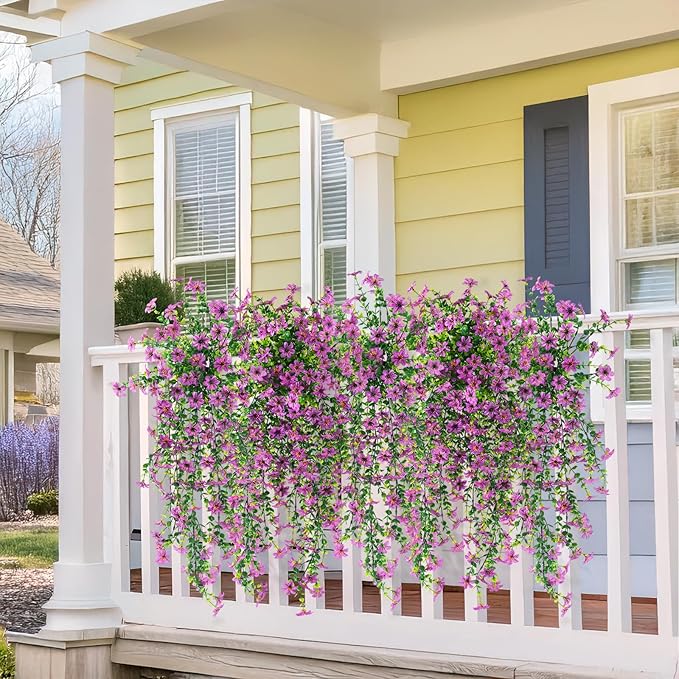 Artificial Hanging Flowers for Outdoors, 2 Pcs Fake Hanging Plant Spring Summer Decor, UV Resistant No Fade Realistic Faux Flower for Front Door Porch Planter Patio Garden Yard(Purple)