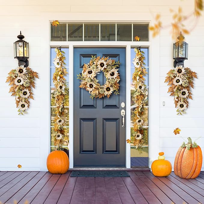 Glitzhome 2 Pcs Fall Teardrop Swags for Front Door, 28''H Autumn Swag with Neutral Sunflower, Pumpkin and Leaf, Fall Swags for Front Door, Thanksgiving Harvest Festivals Decor