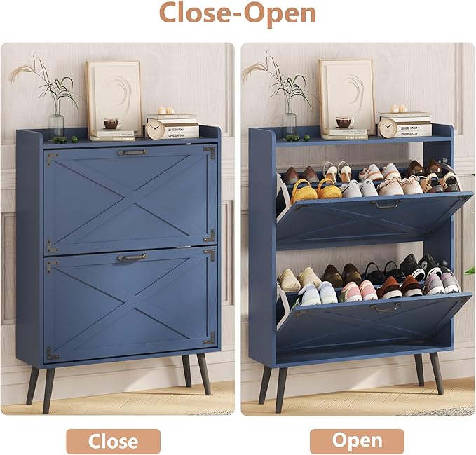Shoe Cabinet with 2 Flip Drawers, Farmhouse Hidden Shoe Storage Cabinets, Narrow Wooden Shoes Organizer for Entryway, Slim Freestanding Shoe Rack Cabinet for Front Door Entrance, Blue