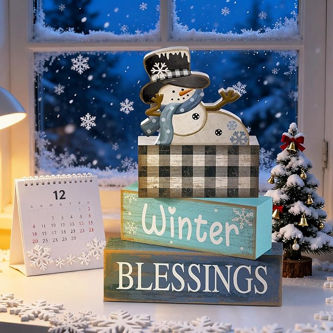 Moucuny 4 Pcs Winter Table Decorations Playful Snowman Decor Indoor Winter Tiered Tray Decor Rustic Wooden Decorative Snowman Block Sign Gift Snowflake Centerpiece Farmhouse for Home Kitchen