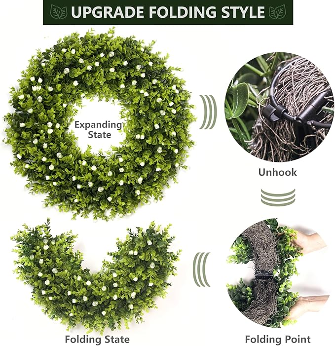 24'' Boxwood Wreath for Front Door, Porch, Window - Foldable Greenery Boxwood Wreaths for Farmhouse Wedding Indoor Outdoor Decor - Spring, Summer, Fall, All Seasons