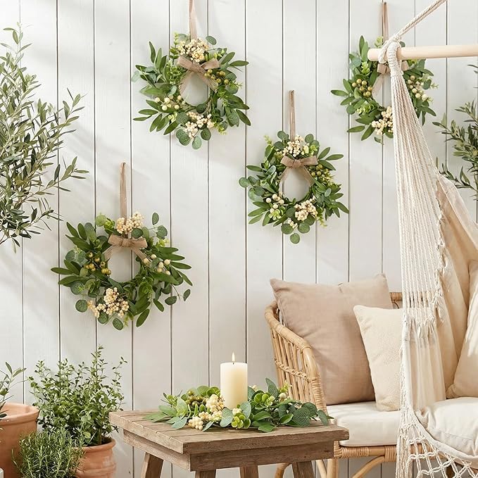 4 Pcs Green Eucalyptus Swag Wreaths for Pillars Spring Summer Kitchen Cabinet Wreaths Mini Green Berry Leaves Wreath with Ribbon for Front Door Porch Wall Window Farmhouse Decoration