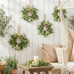 4 Pcs Green Eucalyptus Swag Wreaths for Pillars Spring Summer Kitchen Cabinet Wreaths Mini Green Berry Leaves Wreath with Ribbon for Front Door Porch Wall Window Farmhouse Decoration