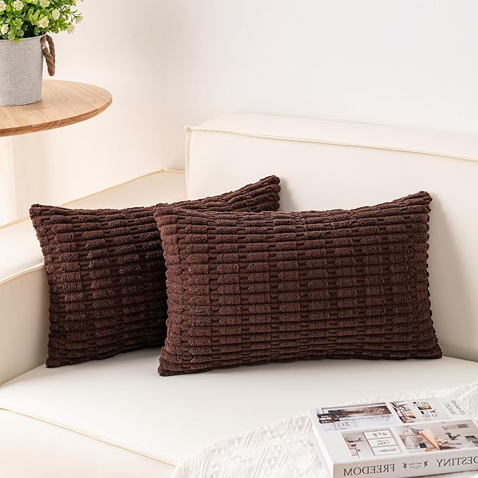 Aegero Pack of 2 Corduroy Decorative Throw Pillow Covers 12x20 InchSoft Boho Striped Pillow Covers Modern Farmhouse Home Decor for Sofa Living Room Couch Bed（Dark Brown）