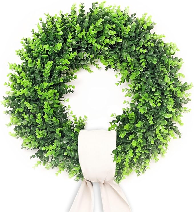 24-26'' Large Boxwood Wreath for Front Door, Porch, Window - Foldable Greenery Boxwood Wreaths for Farmhouse Wedding Indoor Outdoor Decor - Spring, Summer, Fall, All Seasons (with Sash)