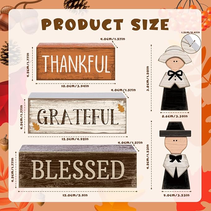 Lineshading 4 Pcs Fall Table Decoration Wooden Pilgrim Couple Decor Thanksgiving Tiered Tray Decor Fall Centerpiece Rustic Decorative Pilgrim Block Signs Gift Farmhouse for Home Kitchen Shelf