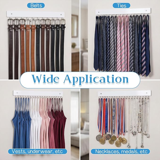 2 Pcs Tie Rack Wall Mounted, Wooden Tie Belt Organizer with 20 Hooks Non Slip 180 Degree Space Saving Hangers with Screws for Ties, Keys, Scarves, Tops, Belt, Bags (White)