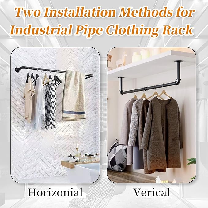 60 INCH Clothes Rack Wall Mounted, Industrial Pipe Garment Rack, Multi-Purpose Clothing Rod for Closet, Laundry Room, Retail Display, Black