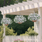Artificial Faux Hanging Plants Flowers Basket for Outdoors Decoration,Hanging Planters with Fake Silk Daisy Flowers for Outside,UV Resistant Realistic Porch Patio Balcony Garden Yard Home Decor（White）