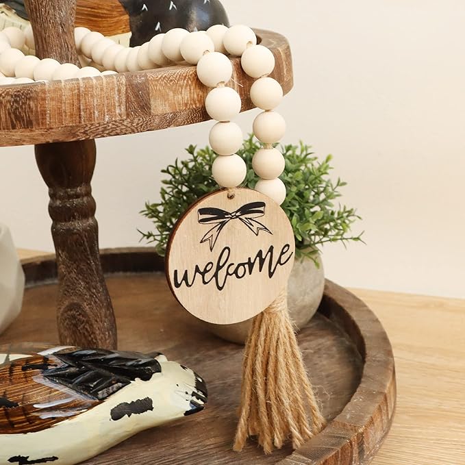 Meplait Welcome Wooden Bead Garland with Tassel, Decorative Beads Home Decor Farmhouse Tassel Garland Boho Decor for Tiered Tray（38in）