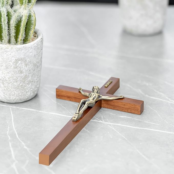 DCCXN Crucifix Wall Cross, Solid Wooden Catholic Jesus Christ Crosses for Home Decor - 12 Inch Oak + Antique Brass