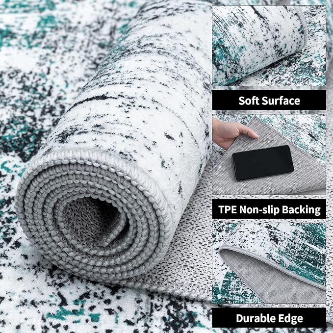 Ciicool 2x6 Washable Runner Rug, Modern Abstract Hallway Runner, Non-Slip Thin Accent Rug Lightweight Teal Black Print Distressed Carpet for Laundry Entryway Bedroom Kitchen Indoor