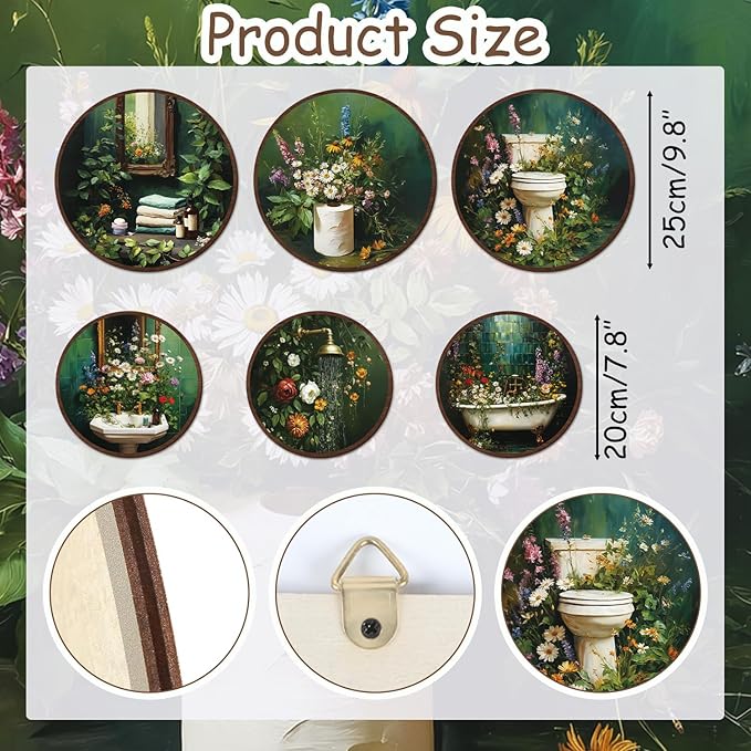 TOARTi 6pcs Vintage Floral Bathroom Wall Art Set(9.9”x3/7.9”x3) Round Dark Green Botanical Wall Plaques Moody Bathroom Wooden Hanging Vintage Wildflower Shower Bath Wall Decor for Restroom