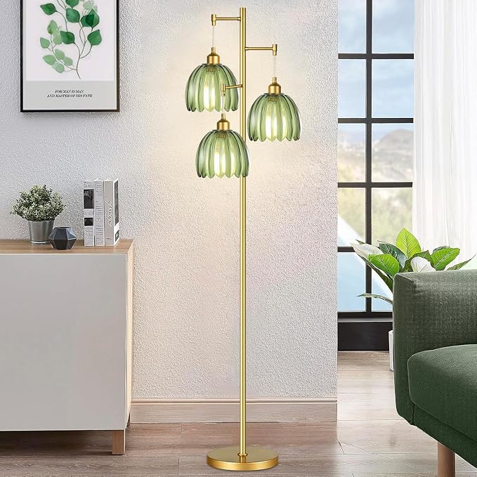 QIYIZM Gold Floor Lamp for Living Room,Bedroom,Mid Century Modern Standing Lamp Brass Tree 3 Light Tall Floor Lamps Vintage Retro Floor Lights Glass Green Flower Lamp Shade Farmhouse Boho Bohemian