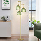 QIYIZM Gold Floor Lamp for Living Room,Bedroom,Mid Century Modern Standing Lamp Brass Tree 3 Light Tall Floor Lamps Vintage Retro Floor Lights Glass Green Flower Lamp Shade Farmhouse Boho Bohemian
