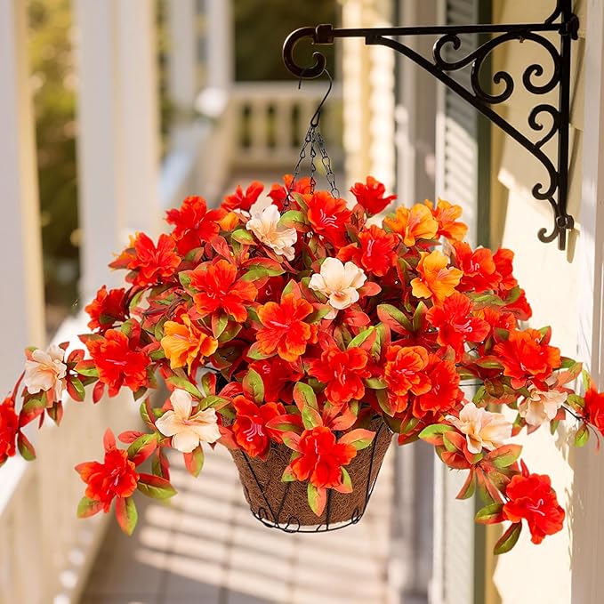 Fall Flowers with Hanging Basket Artificial for Decoration, Fake Silk Rhododendron Flowers for Outdoors, UV Resistant No Fade Floral for Home Garden Balcony Porch Patio Wedding Party Decor