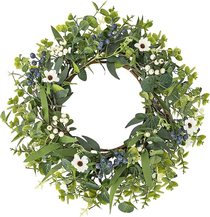 LZNPA 24 Inch Spring Summer Wreaths for Front Door Eucalyptus Wreath with Blue Berries Elegant Durable Greenery Front Door Wreath for Outside Wedding Farmhouse Porch Wall Room Home Decor