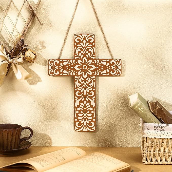 Maitys Floral Cross Wall Decor Hand Painted Decorative Inspirational Wooden Cross Mexican Art Wall Decor Mexican Crucifix for Home Room Church Decoration(Beige Talavera Tile)