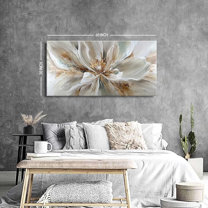 Flower Wall Art Vintage White Floral Canvas Pictures Abstract Blooming Flower Prints Painting Large Abstract Botanical Blossom Wall Decor Elegant Artwork Bedroom Living Room Decoration 29.53x57.87"