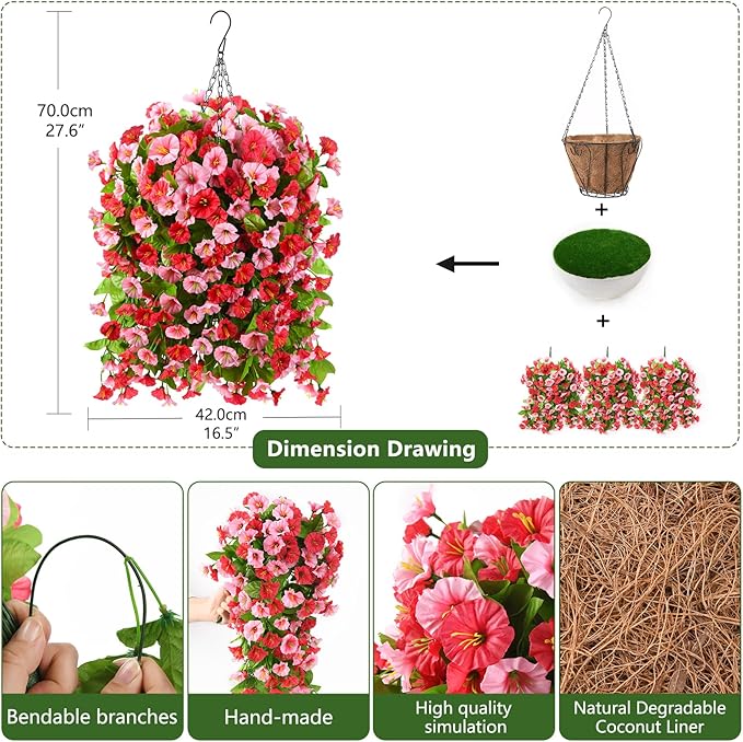Homsunny Artificial Faux Hanging Flowers Plants Baskets for Outdoor Spring Summer Decorations,Resistant Fake Morning Glory Silk Plants for Outside UV Resistant Patio Yard Home Porch Decor(Rose red)
