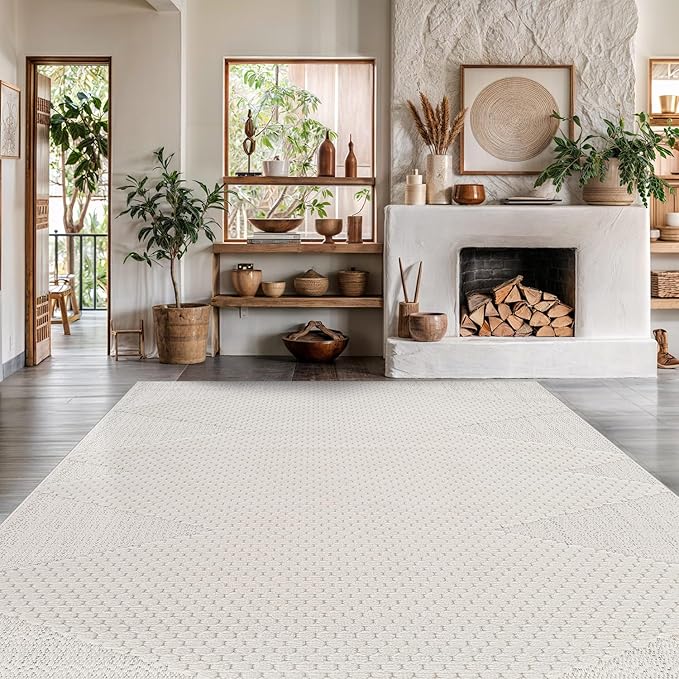 Modern Micro Loop Indoor Area Rugs for Living Room Bedroom Kitchen Geometric Triangle White 8x10 Luxury Durable Low and High Pile Non-Shedding Stain Resistant Soft Area Carpet 8 x 10