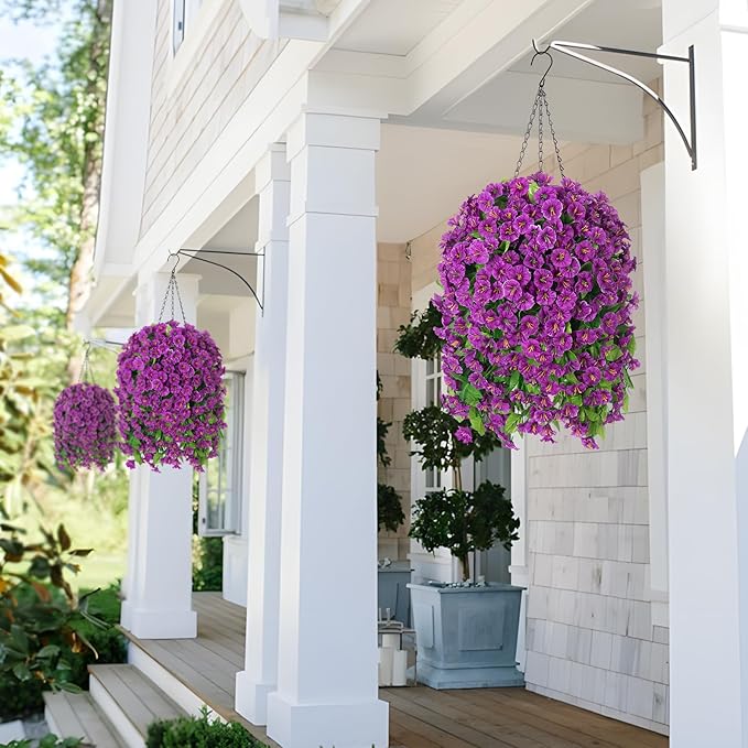 Artificial Faux Hanging Flowers Basket for Spring Summer Outdoor Porch Decor, Fake Silk Colorful Morning Glory Eucalyptus in Planter UV Resistant Look Real for Home Balcony Yard(Darkorchid)