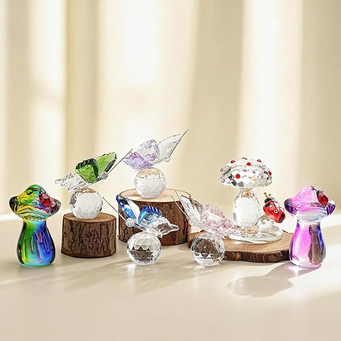 H&D HYALINE & DORA Cute Crystal Mushroom Figurine Mini Colorful Mushroom Ladybug Figurines for Fairy Garden Terrarium Accessories Decor