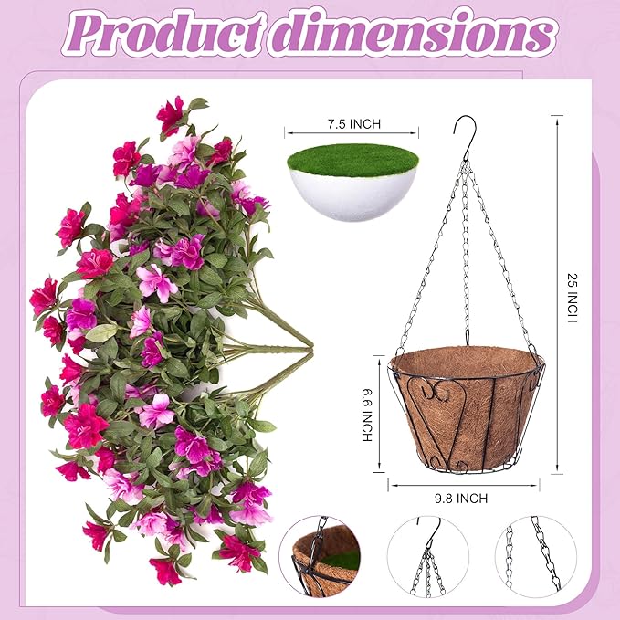 Artificial Hanging Flowers for Outdoors Hanging Baskets, 3 Pcs Fake Silk Flower with Hanging Baskets Planter for Spring Summer Garden Porch Patio Yard Outside Decor
