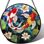 Stained Glass Window Hanging, Koi and Lotus Sun Catcher for Door Home Decor Fish Suncatcher Christmas Mother's Day Birthday Gifts for Women Men Mom and Nana 15 in
