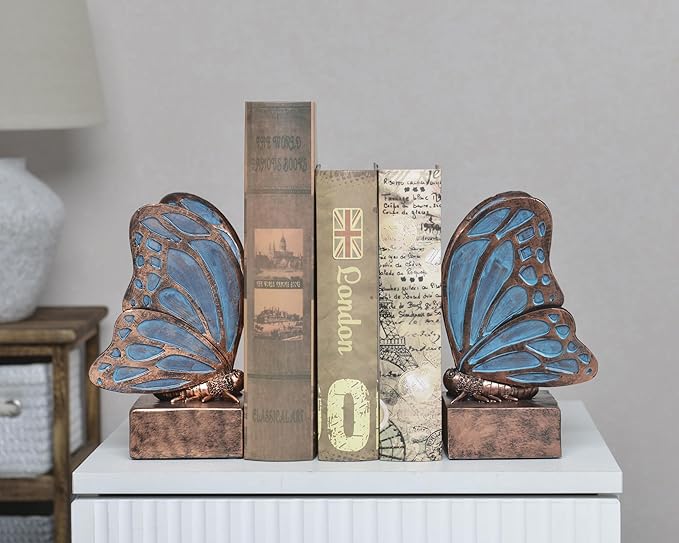 Vintage Blue Butterfly Bookends,Resin Book Ends for Shelves,Heavy Duty Decorative Bookends,Creative Book Stopper Holder Decor for Desk Home Office,Shelf Decoration,Gifts for Mother's Day