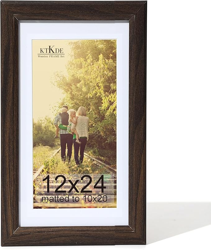 KTKDE 12x24 Picture Frame,Poster Frame Display Pictures 10 x20 with Mat or 12x24 Without, Tempered Glass,24 by 12 Walnut Wooden Frame Wall Gallery Photo Frame best gift